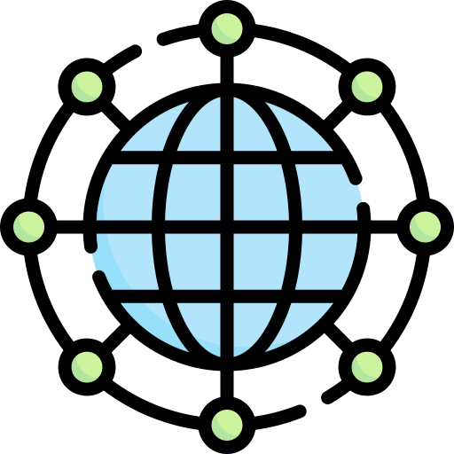 Globe with black grid lines and green dots connected by a black orbit, symbolizing connectivity.